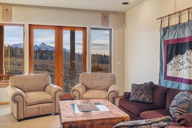 404 Benchmark Dr, Mountain Village, CO 81435 - living room featuring a mountain view and light colored carpet