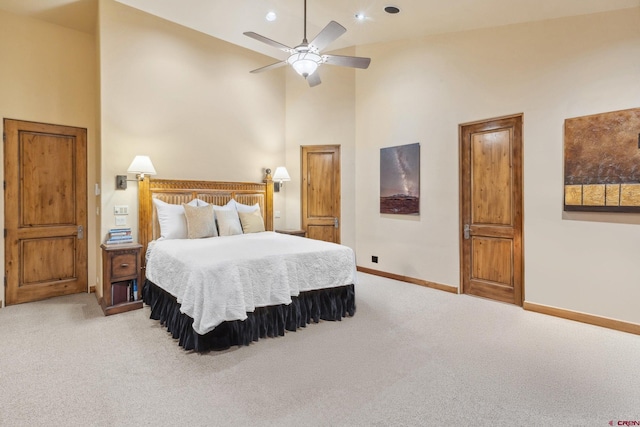 404 Benchmark Dr, Mountain Village, CO 81435 - bedroom featuring carpet flooring, high vaulted ceiling, ceiling fan, and recessed lighting