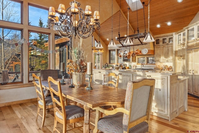 404 Benchmark Dr, Mountain Village, CO 81435 - dining area with light wood-type flooring, a chandelier, high vaulted ceiling, recessed lighting, and wooden ceiling