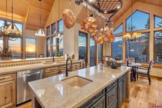 404 Benchmark Dr, Mountain Village, CO 81435 - kitchen with wood ceiling, a chandelier, stainless steel dishwasher, high vaulted ceiling, and light wood-style floors