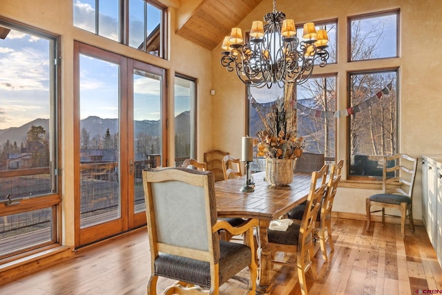 404 Benchmark Dr, Mountain Village, CO 81435 - dining room featuring wood-type flooring, high vaulted ceiling, a chandelier, a mountain view, and wooden ceiling
