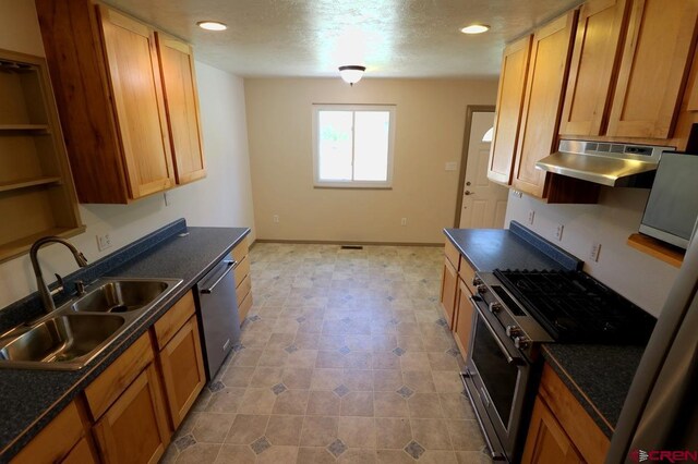 771 Aspen Dr, Cortez, CO 81321 - kitchen featuring under cabinet range hood, stainless steel appliances, dark countertops, and recessed lighting