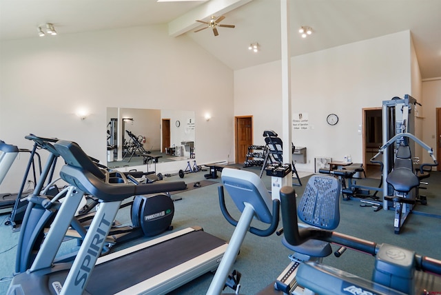 50827 N 550th Hwy Unit 329, Durango, CO 81301 - exercise room featuring high vaulted ceiling, ceiling fan, and beamed ceiling