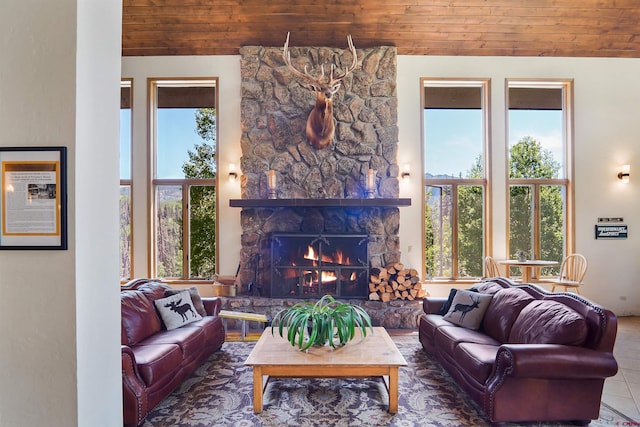 50827 N 550th Hwy Unit 329, Durango, CO 81301 - living area featuring a stone fireplace, wooden ceiling, and lofted ceiling