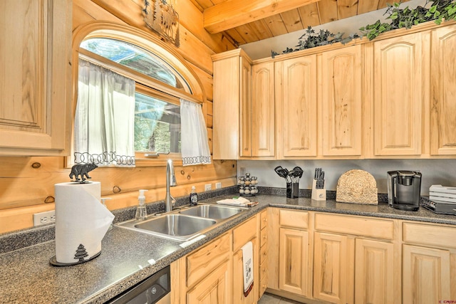 601 W Grimes Creek Rd, Bayfield, CO 81122 - kitchen featuring light brown cabinets, dark countertops, and a wood ceiling with exposed beams