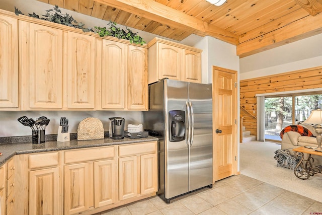 601 W Grimes Creek Rd, Bayfield, CO 81122 - kitchen featuring stainless steel fridge, light brown cabinets, light tile patterned floors, a wood ceiling with exposed beams, and light colored carpet