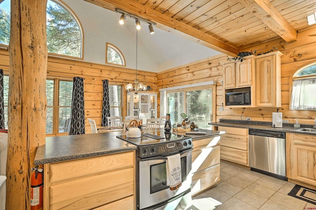 601 W Grimes Creek Rd, Bayfield, CO 81122 - kitchen featuring appliances with stainless steel finishes, light brown cabinets, dark countertops, track lighting, and a wooden ceiling with exposed beams