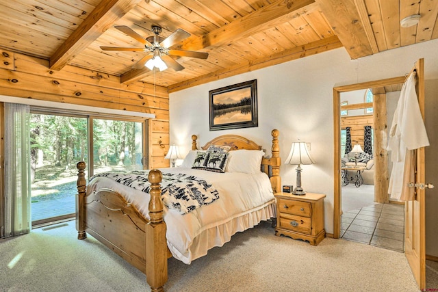 601 W Grimes Creek Rd, Bayfield, CO 81122 - carpeted bedroom with a wooden ceiling with exposed beams, access to outside, and ceiling fan