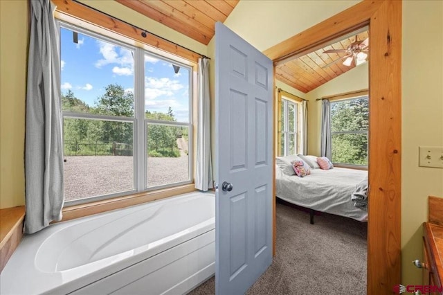 444 Which Way, Ridgway, CO 81432 - bedroom with vaulted ceiling, carpet floors, and wood ceiling