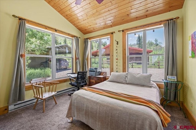 444 Which Way, Ridgway, CO 81432 - bedroom featuring vaulted ceiling, carpet, a baseboard heating unit, and wooden ceiling