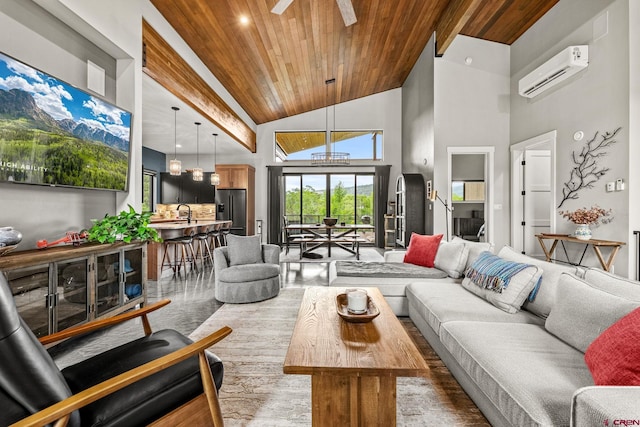 2161 Scout Ridge Rd, Durango, CO 81301 - living area with a wall mounted AC, wooden ceiling, high vaulted ceiling, wood finished floors, and ceiling fan
