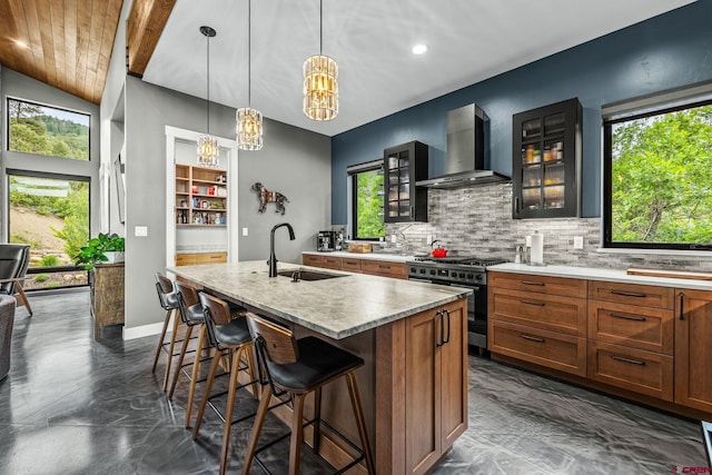 2161 Scout Ridge Rd, Durango, CO 81301 - kitchen featuring wall chimney range hood, high end stove, backsplash, plenty of natural light, and recessed lighting
