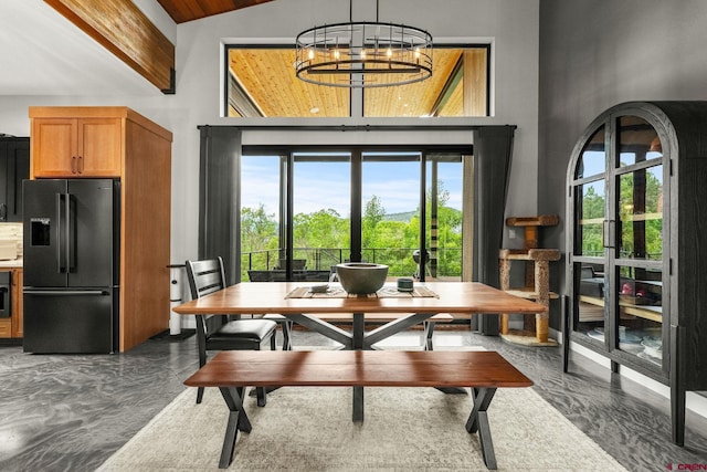 2161 Scout Ridge Rd, Durango, CO 81301 - dining room with high vaulted ceiling, a chandelier, plenty of natural light, and a wooden ceiling with exposed beams