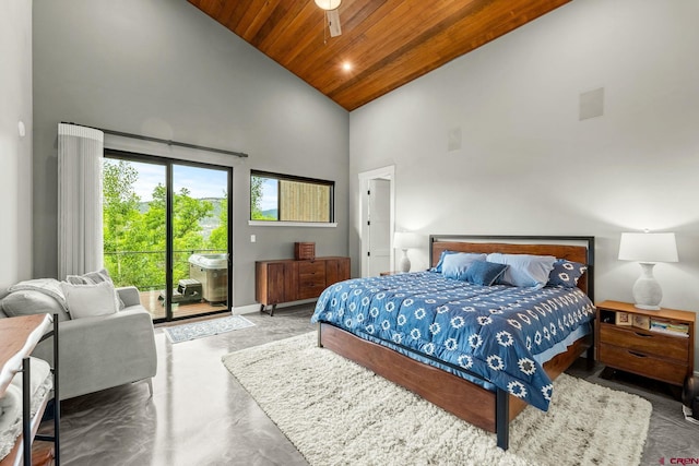 2161 Scout Ridge Rd, Durango, CO 81301 - bedroom with wood ceiling, access to exterior, high vaulted ceiling, and concrete flooring