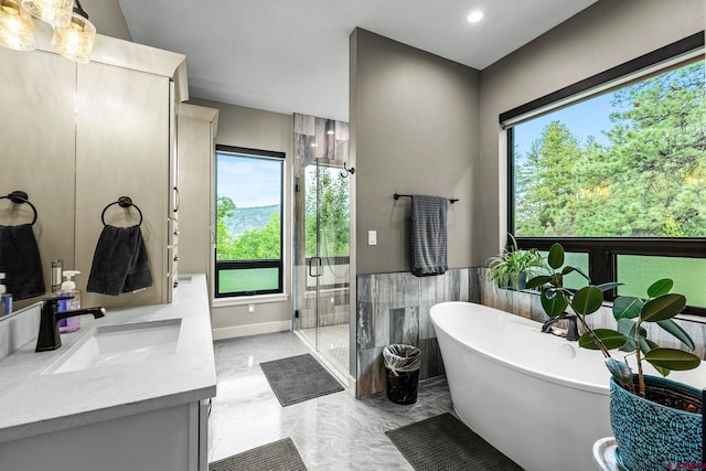 2161 Scout Ridge Rd, Durango, CO 81301 - bathroom with marble tiled floors, vanity, a shower stall, a freestanding tub, and recessed lighting