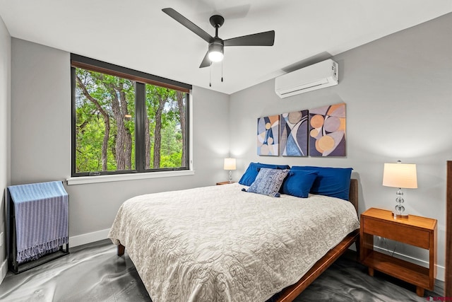 2161 Scout Ridge Rd, Durango, CO 81301 - bedroom with a wall mounted air conditioner, radiator heating unit, concrete floors, and a ceiling fan