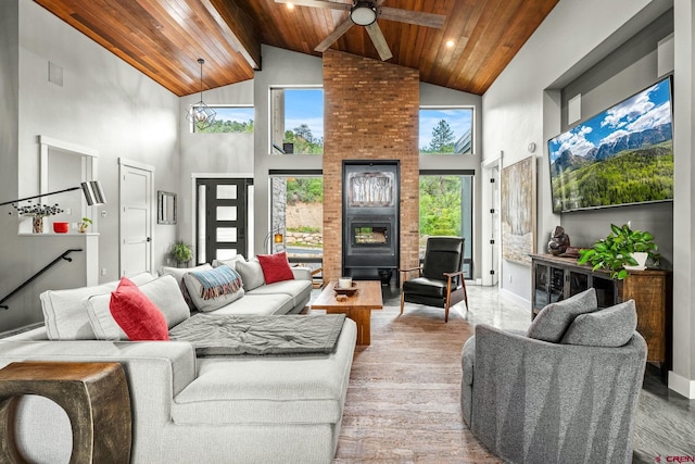 2161 Scout Ridge Rd, Durango, CO 81301 - living area with wooden ceiling, high vaulted ceiling, ceiling fan, wood finished floors, and recessed lighting