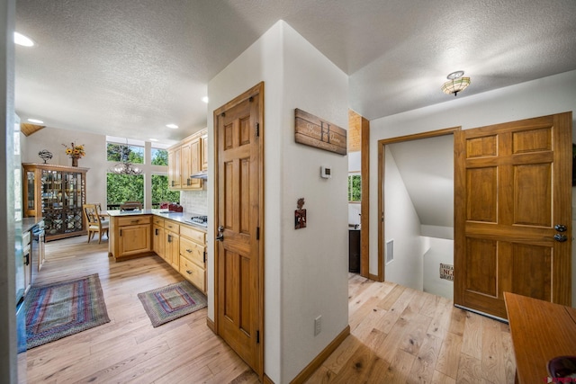 261 Aspen Dr, Durango, CO 81301 - kitchen featuring light wood finished floors, a textured ceiling, light countertops, recessed lighting, and a peninsula