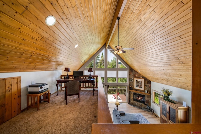 261 Aspen Dr, Durango, CO 81301 - living area featuring wood ceiling, a fireplace, vaulted ceiling, and ceiling fan