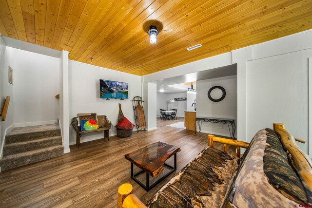 261 Aspen Dr, Durango, CO 81301 - living room with wood ceiling, stairway, and wood finished floors