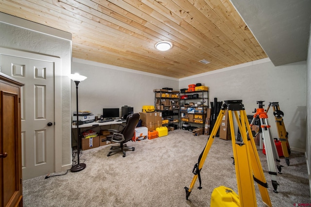 261 Aspen Dr, Durango, CO 81301 - office area featuring carpet flooring, wooden ceiling, and crown molding