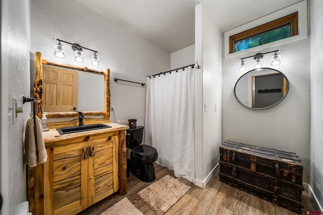 261 Aspen Dr, Durango, CO 81301 - bathroom with wood finished floors, vanity, and a shower with curtain