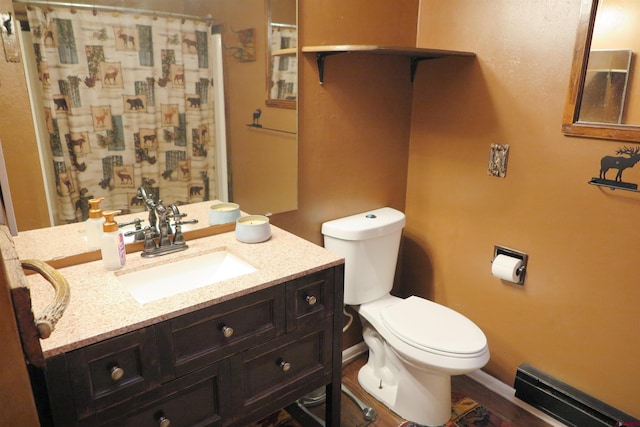 20657 Del Ray Dr, Eckert, CO 81418 - bathroom with vanity, curtained shower, and a baseboard radiator