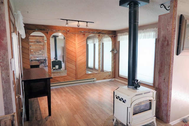 20657 Del Ray Dr, Eckert, CO 81418 - hall featuring a baseboard heating unit, rail lighting, wood finished floors, and a textured ceiling