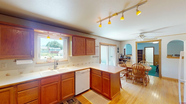 100 Paonia Ave, Paonia, CO 81428 - kitchen with white dishwasher, healthy amount of natural light, a peninsula, and light wood-style floors