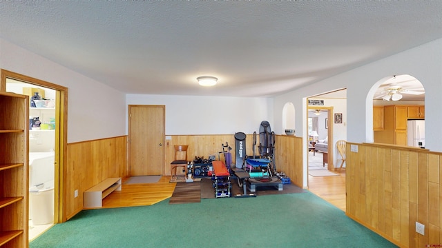 100 Paonia Ave, Paonia, CO 81428 - workout area featuring a wainscoted wall, a ceiling fan, wooden walls, arched walkways, and carpet flooring