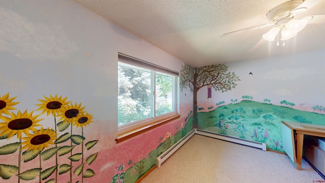 100 Paonia Ave, Paonia, CO 81428 - unfurnished bedroom featuring carpet floors, a textured ceiling, a ceiling fan, and a baseboard heating unit