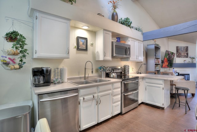 2920 Holly Ave Unit 104, Durango, CO 81301 - kitchen featuring stainless steel appliances, vaulted ceiling, a peninsula, and white cabinetry