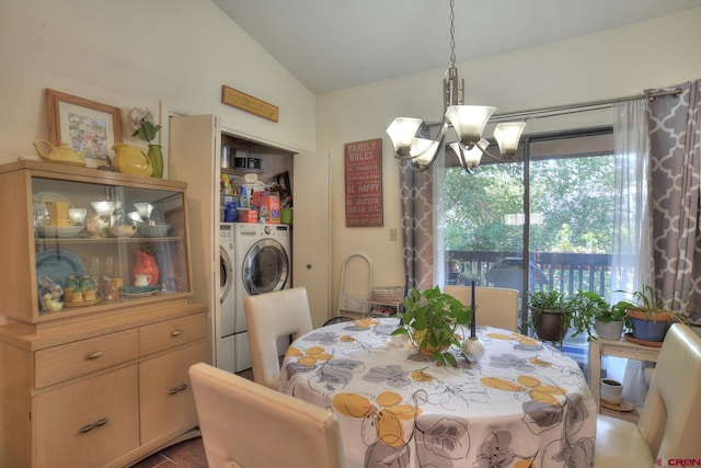 2920 Holly Ave Unit 104, Durango, CO 81301 - dining space featuring independent washer and dryer, lofted ceiling, and a chandelier