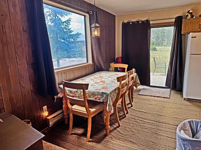 152 Conifer Dr, South Fork, CO 81154 - carpeted dining room featuring wooden walls and baseboard heating