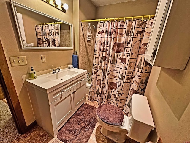 152 Conifer Dr, South Fork, CO 81154 - full bathroom featuring vanity, shower / tub combo with curtain, and a textured wall