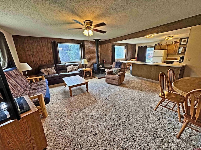152 Conifer Dr, South Fork, CO 81154 - living area featuring a wood stove, a textured ceiling, ceiling fan, healthy amount of natural light, and carpet