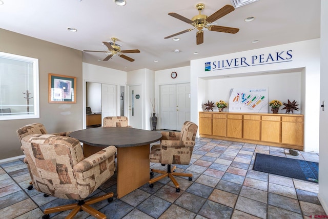 1100 Goeglein Gulch Rd Unit 171, Durango, CO 81301 - dining room featuring a ceiling fan, stone tile floors, and recessed lighting