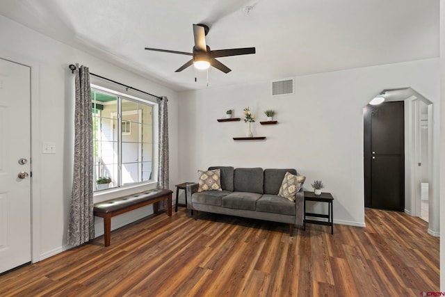 1100 Goeglein Gulch Rd Unit 171, Durango, CO 81301 - living room with a ceiling fan, wood finished floors, and arched walkways