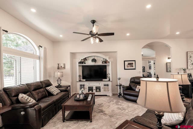 1734 Dry Creek Cir, Delta, CO 81416 - living room featuring arched walkways, ceiling fan, and recessed lighting