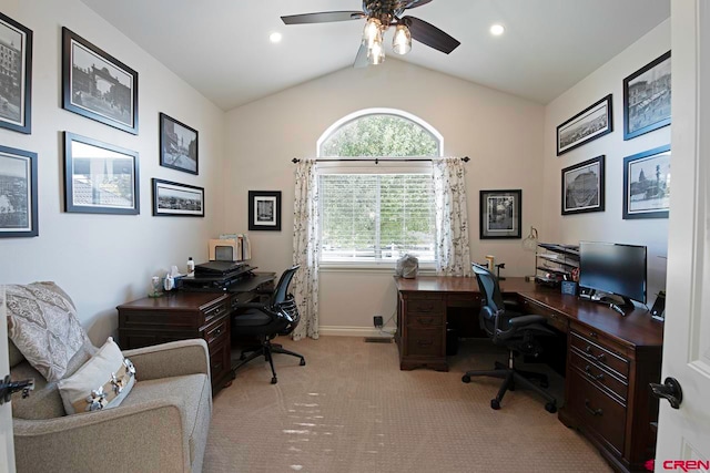 1734 Dry Creek Cir, Delta, CO 81416 - home office with vaulted ceiling, light colored carpet, a ceiling fan, and recessed lighting