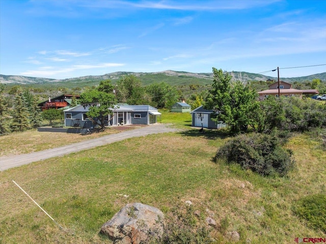 21932 2225th Rd, Cedaredge, CO 81413 - view of green lawn with a mountain view, a shed, and driveway