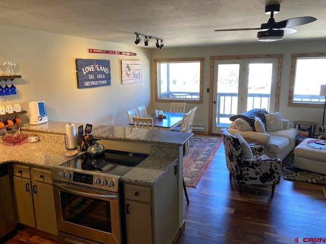 27 Crystal Rd Unit 4, Mount Crested Butte, CO 81225 - kitchen featuring stainless steel range with electric stovetop, a ceiling fan, dark wood-style flooring, a peninsula, and open floor plan