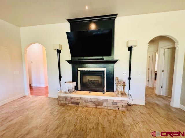 1490 SE Fairway Dr, Cedaredge, CO 81413 - detailed view of arched walkways, a glass covered fireplace, and wood finished floors