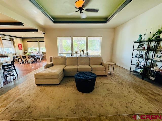 1490 SE Fairway Dr, Cedaredge, CO 81413 - living area featuring a raised ceiling and ceiling fan