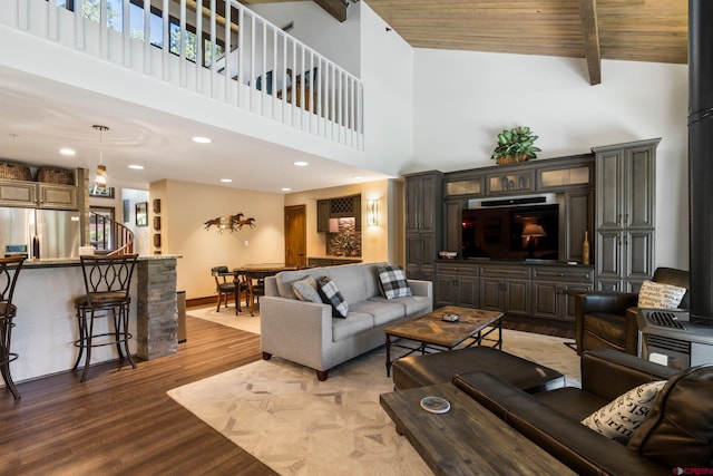73 S Tamarron Dr Unit 822, Durango, CO 81301 - living area with wood finished floors, a towering ceiling, recessed lighting, and a wood ceiling with exposed beams