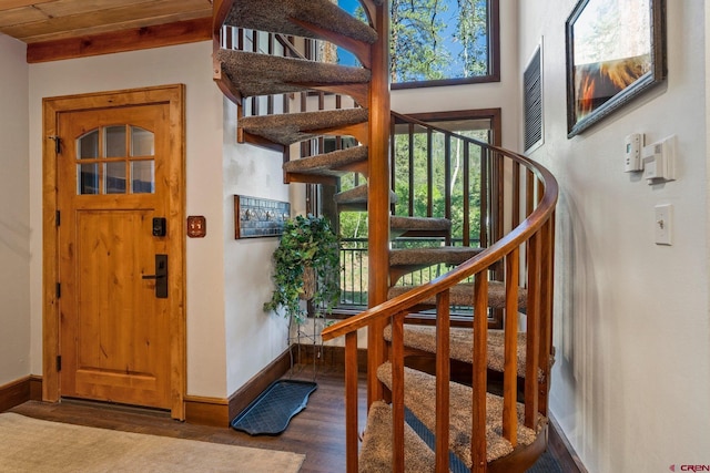 73 S Tamarron Dr Unit 822, Durango, CO 81301 - foyer entrance featuring wood finished floors, stairway, and wooden ceiling