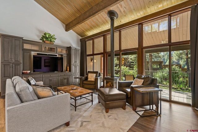 73 S Tamarron Dr Unit 822, Durango, CO 81301 - living area featuring high vaulted ceiling, a wooden ceiling with exposed beams, light wood-type flooring, and a wood stove