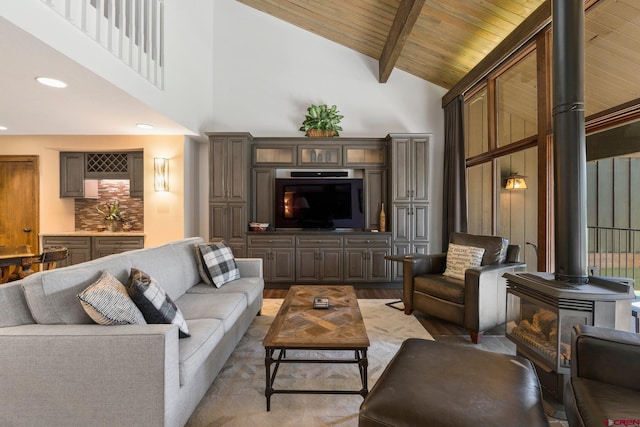 73 S Tamarron Dr Unit 822, Durango, CO 81301 - living area featuring a wood stove, high vaulted ceiling, wood finished floors, and a wooden ceiling with exposed beams