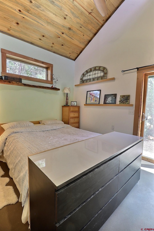 16242 Farmers Mine Rd, Paonia, CO 81428 - bedroom with lofted ceiling, multiple windows, wooden ceiling, and access to outside