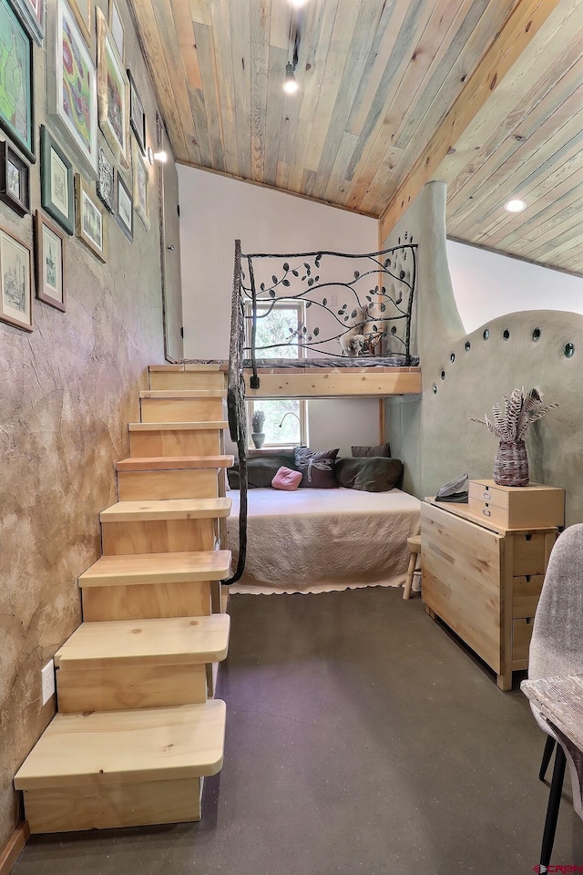16242 Farmers Mine Rd, Paonia, CO 81428 - stairs featuring finished concrete flooring and wooden ceiling